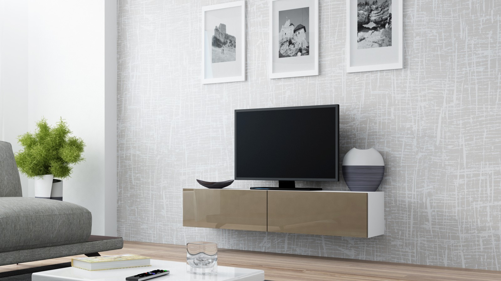 Vigo TV stolík (biela/latte lesk) 140cm